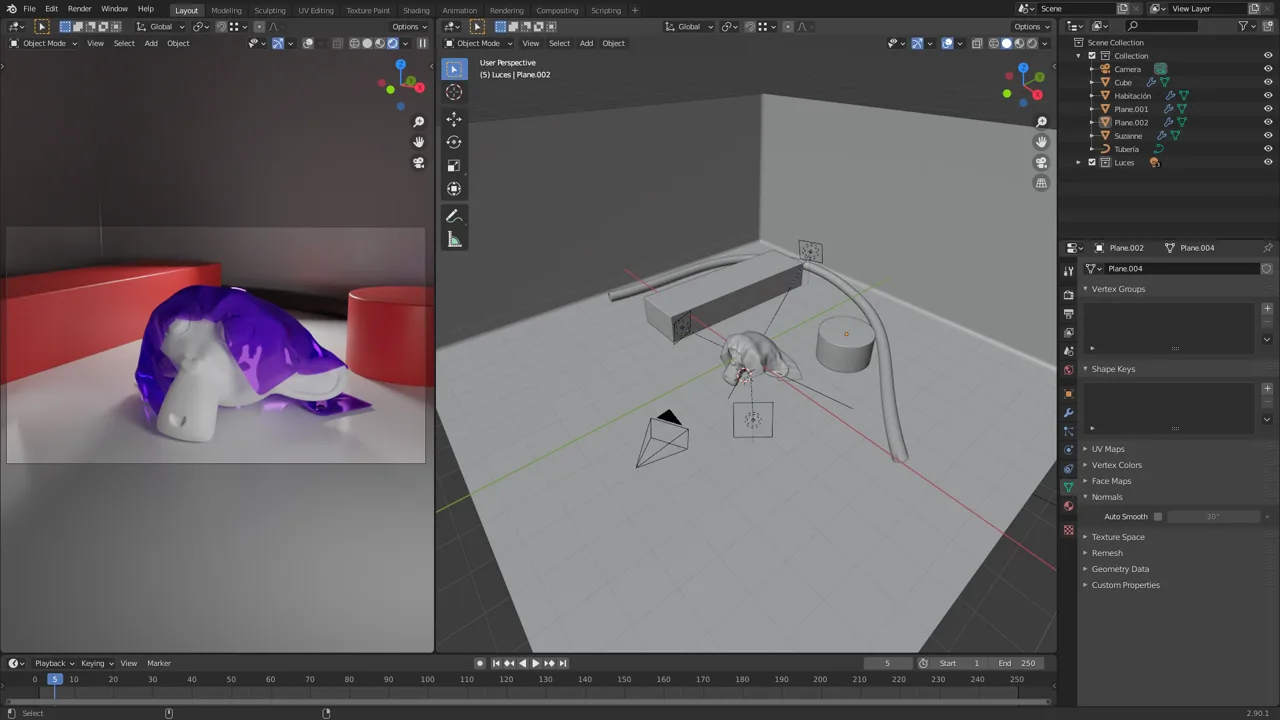 Blender 2.90.1 interface showing a 3D scene and editing panels