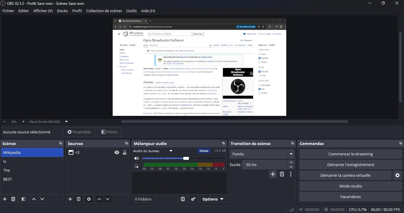 OBS Studio interface showing a scene preview, sources, and audio mixer