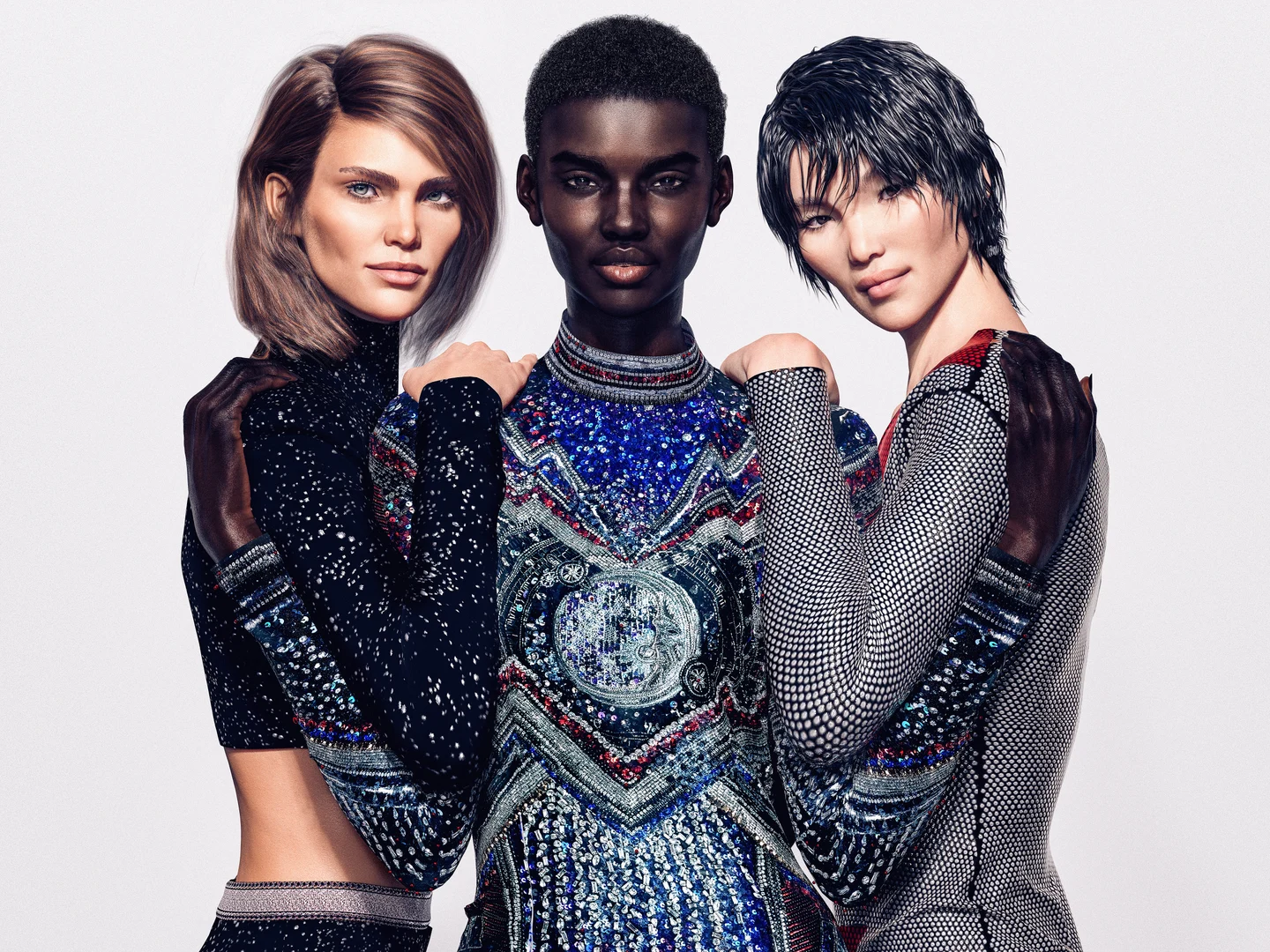 Three digital models in Balmain's 2018 Virtual Army campaign.