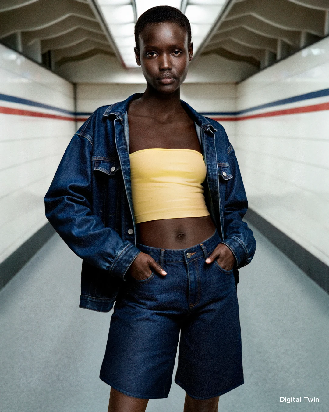 A second denim-fashion image in H&M's July 2025 digital-twin announcement.
