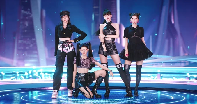 Four MAVE: members in black outfits against a blue and violet stage.