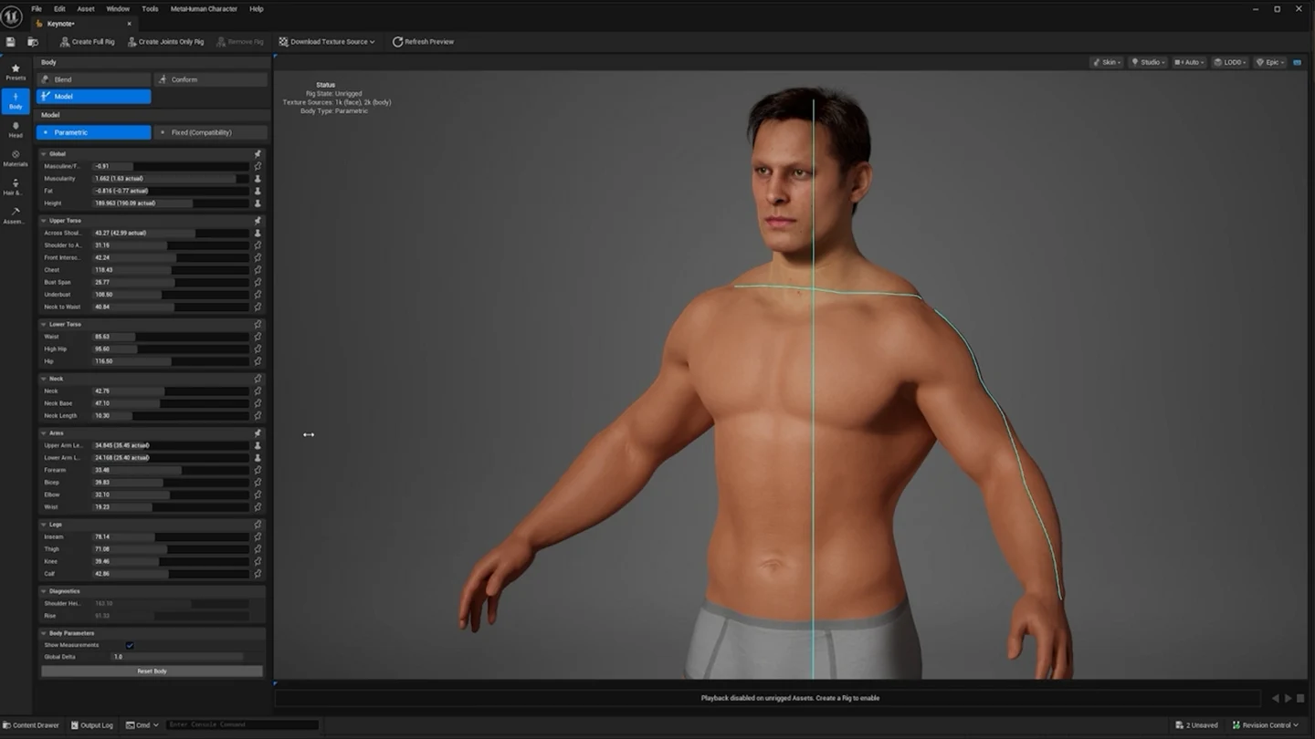 Epic Games' MetaHuman body-editing interface showing a digital character and editable proportions.
