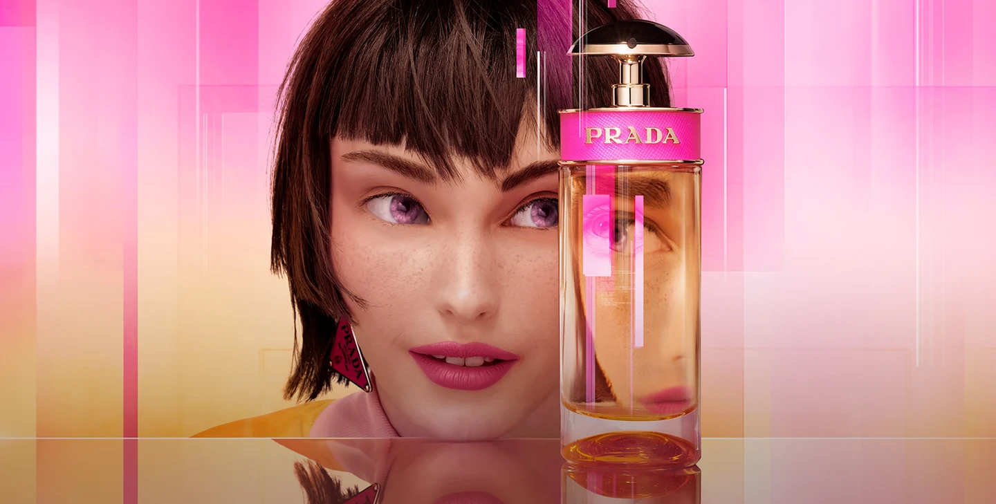 Prada Candy's virtual muse and fragrance in the brand's campaign artwork.