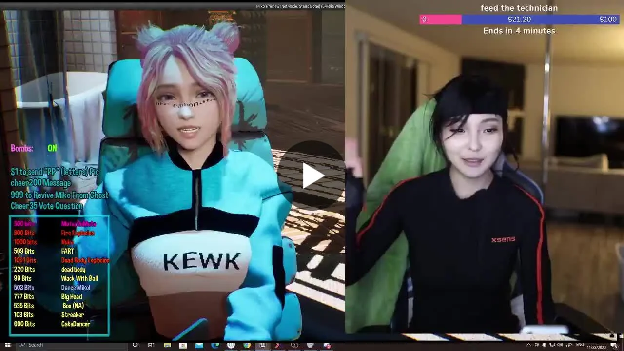 Split-screen creator process frame showing the CodeMiko avatar and Youna Kang wearing an Xsens motion-capture suit.