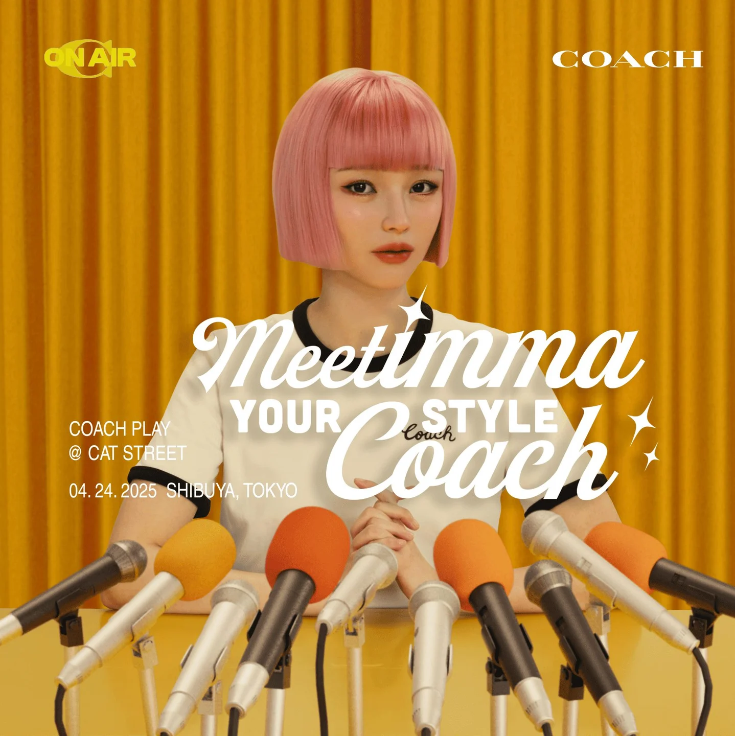 imma seated behind a bank of microphones in the COACH Style Coach campaign visual for Coach Play @ Cat Street in Harajuku, Tokyo.